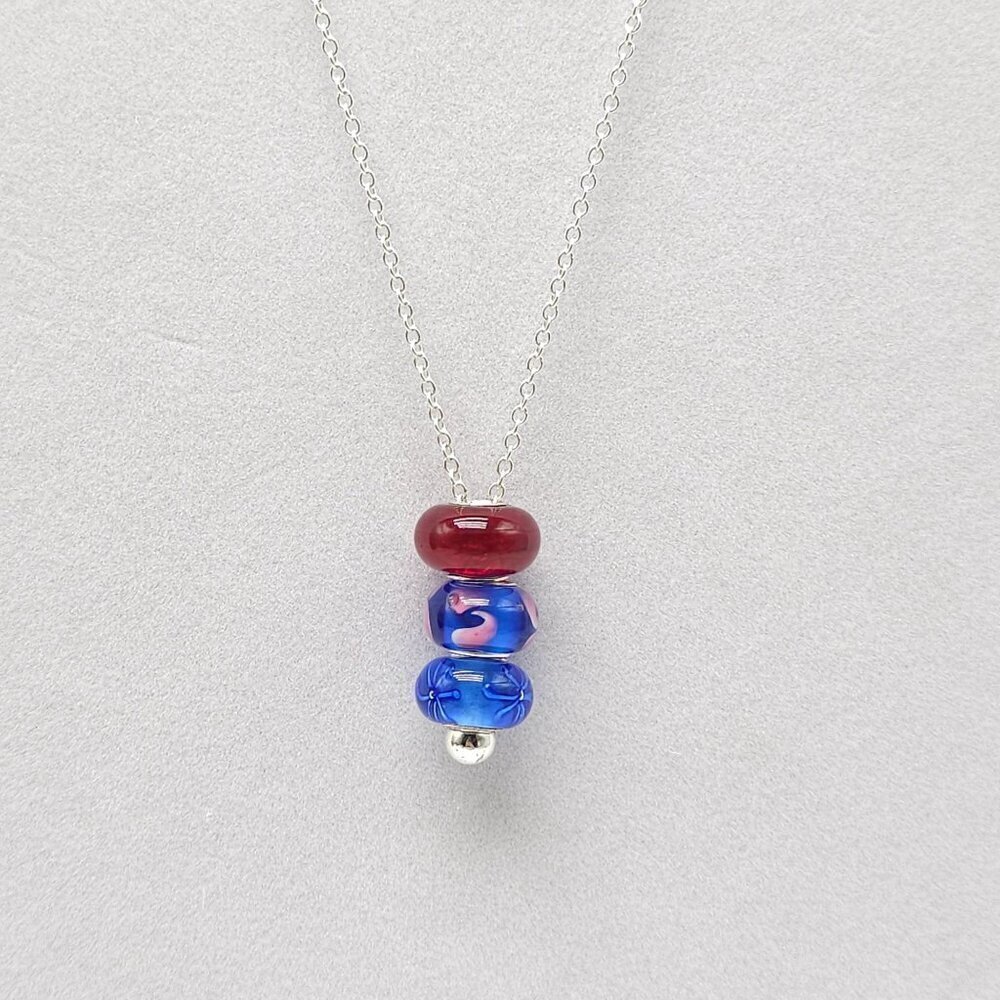 Blue Red Glass Bead Pendant Necklace With Sterling Silver Chain